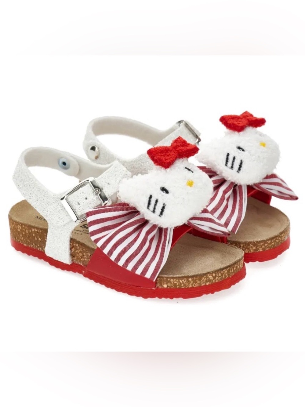 NEW MonnaLisa x Hello Kitty Red White Bow Sandal 38 Girls 5 Women’s 7.5 Sparkle
